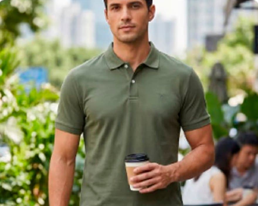 Modelo usando a camisa polo verde num café ao ar livre