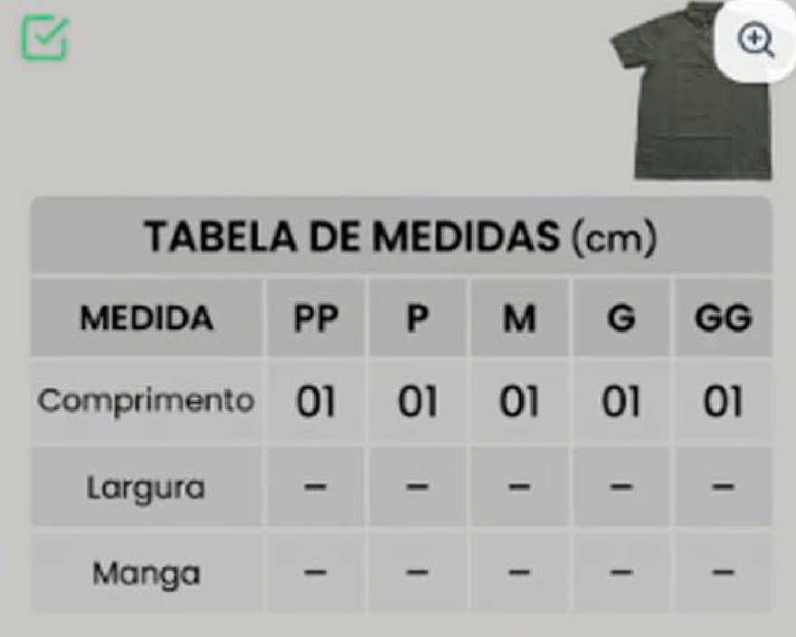 Arte da tabela de medidas da peça, com as colunas PP, P, M, G e GG