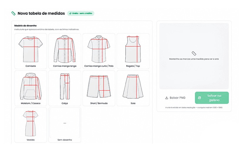 Editor da tabela de medidas: seletor de desenho com camiseta, camisa, regata, moletom, calça, short, saia e vestido, cada um com as linhas de medida indicadas