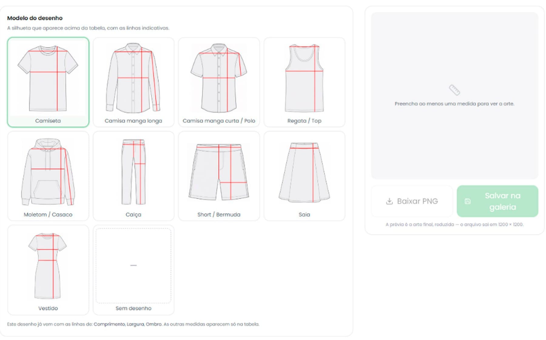 Editor da tabela: seletor de desenho com camiseta, camisa, regata, moletom, calça, short, saia e vestido, cada um com as linhas de medida indicadas